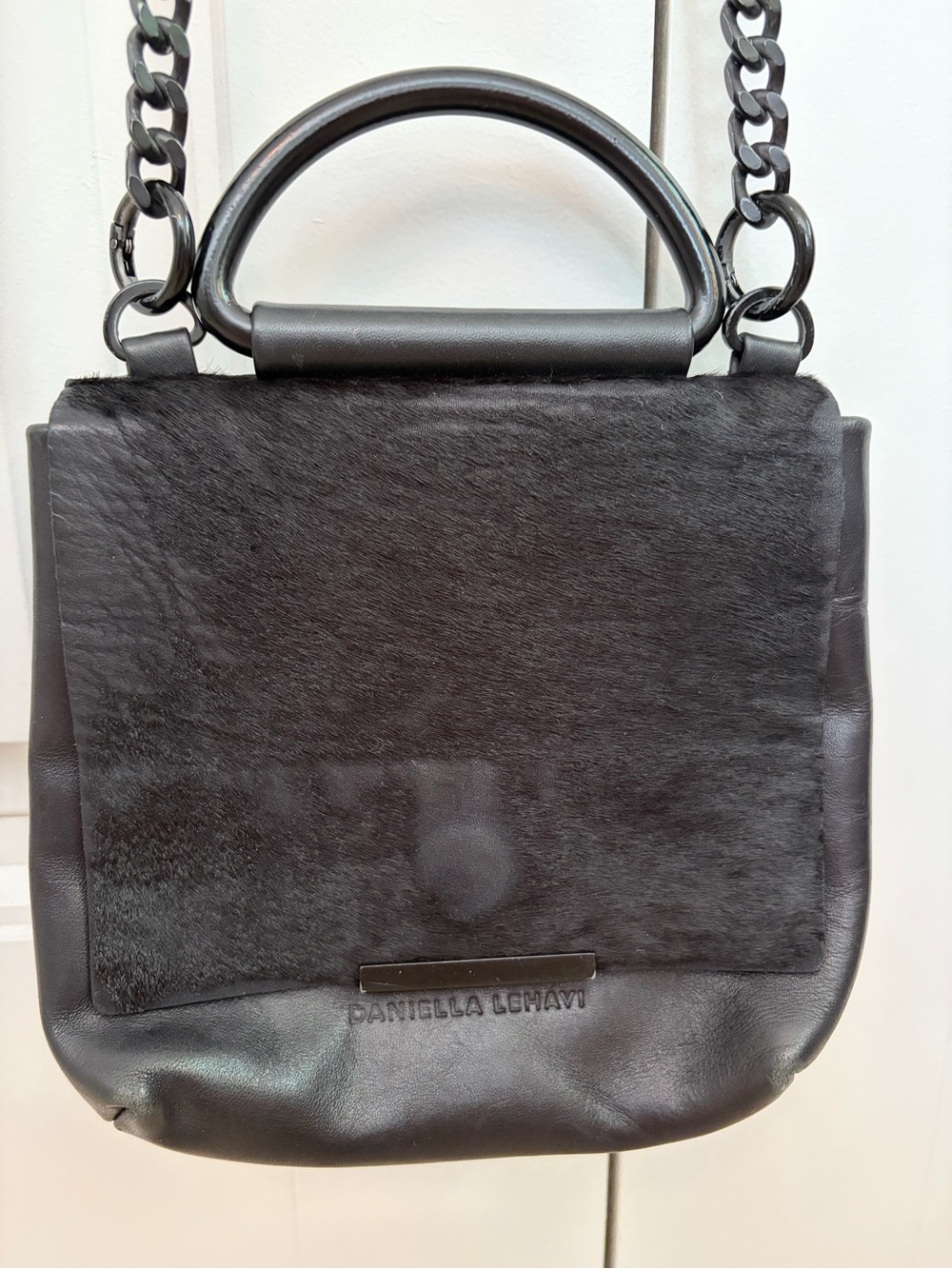 Daniella Lehavi Nina Crossbody Bag Two Tone Leather Textured Hair Purse Black